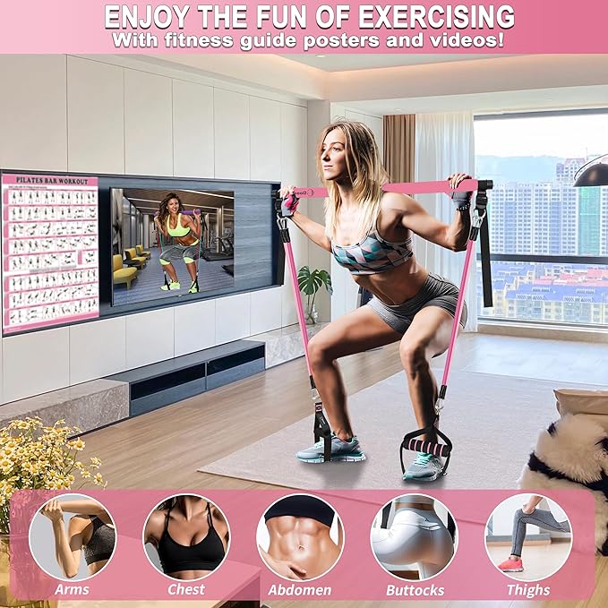 Goocrun Portable Pilates Bar Kit with Resistance Bands for Men and Women - 3 Set Exercise Resistance Bands - Multifunctional Home Gym - Supports Full-Body Workouts – with Fitness Poster and Video