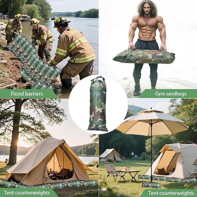 Flood Barrier Sand Bags camouflage Canvas Flood Protection Sandbags Reusable With Insert Buckle Handle Woodland Sandbags for Emergency Flood Protection Fits Doors Garages Basemen Counterweights (10)