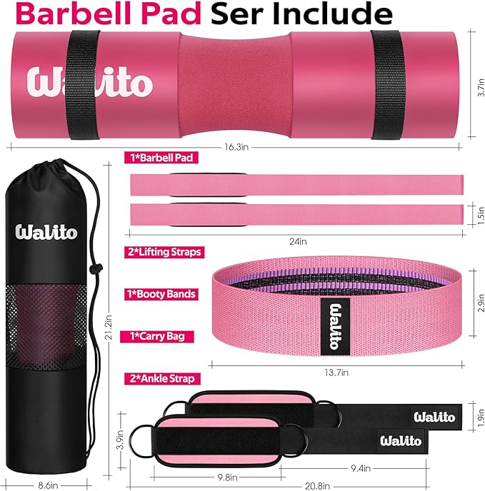 WALITO 8Pcs Barbell Pad Set for Hip Thrust - Squat Pad,Gym Accessories for Women with Bar Bad,Bench Press, with Gym Ankle Straps,Resistance Bands for Working Out,Lifting Strap,Carry Bag