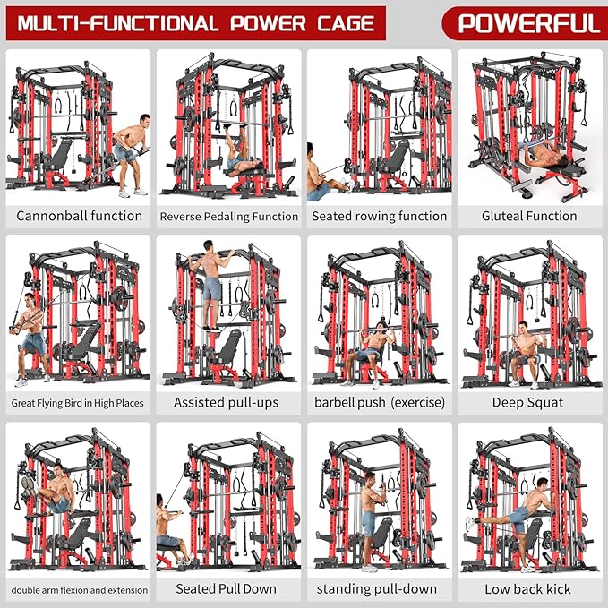 Multi-Purpose Squat Rack,Smith Machine Weight Rack Set with Cable Crossover System, Home Gym Power Racks, Power Racks and Packages