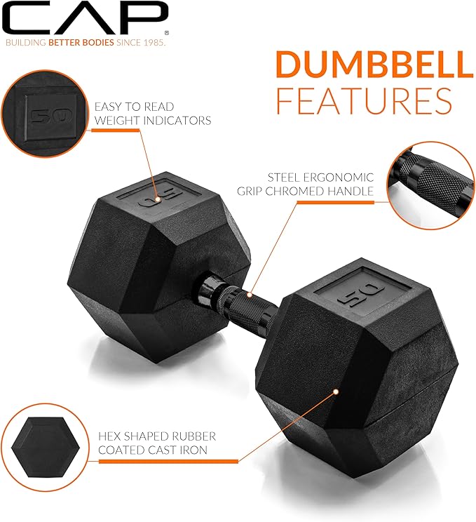 CAP Barbell Coated Hex Dumbbell Weight - Single | 10-120 lbs | Multiple Options