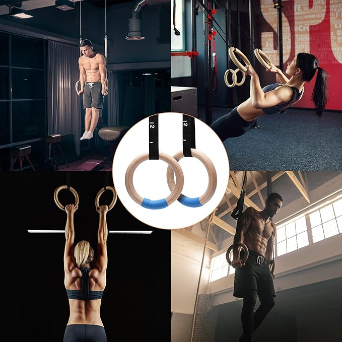 PACEARTH Gymnastics Rings Wooden Olympic Rings 1500/1000lbs with Adjustable Cam Buckle 14.76ft/9ft Long Straps with Scale Non-Slip Gym Rings for Home Gym Full Body Workout