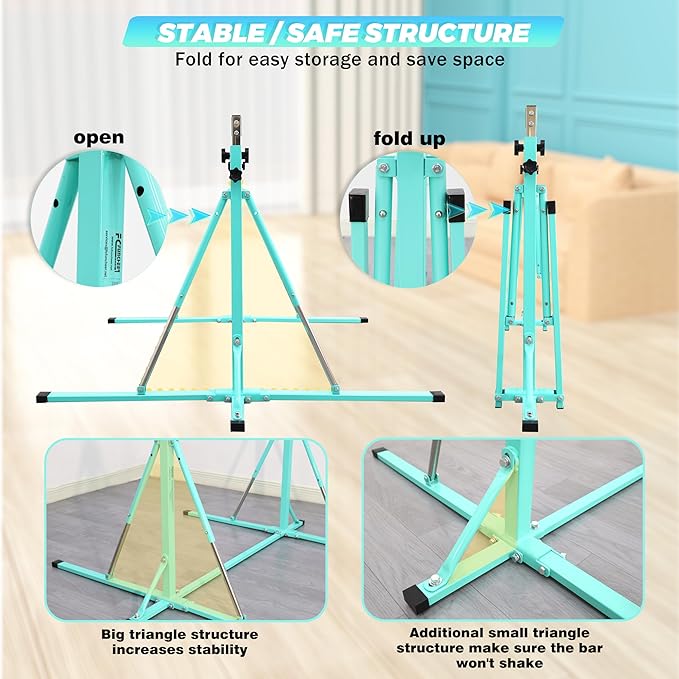 Foldable Gymnastics Bar,5FT Horizontal bar,Adjustable Kids Training bar for Kids Ages 3-15,Kids Gymnastics bar,Triangle Stable Structure-Gym Equipment for Home
