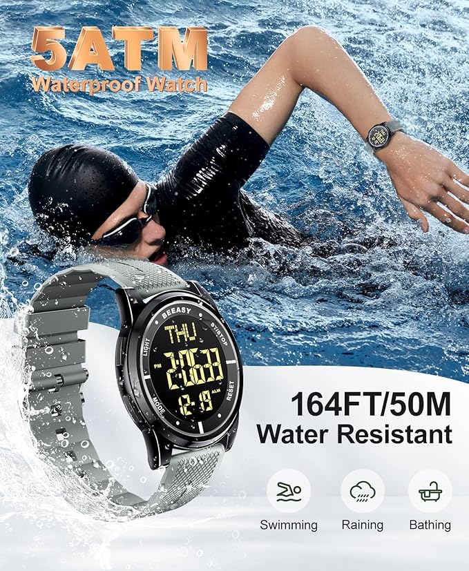 Beeasy Digital Watch for Men Women, 50M Waterproof, Ultra-Thin & Lightweight, 44mm Silicone Sports Watch with Alarm, Stopwatch, Countdown, Ideal for Gym, Running, School, Daily Wear