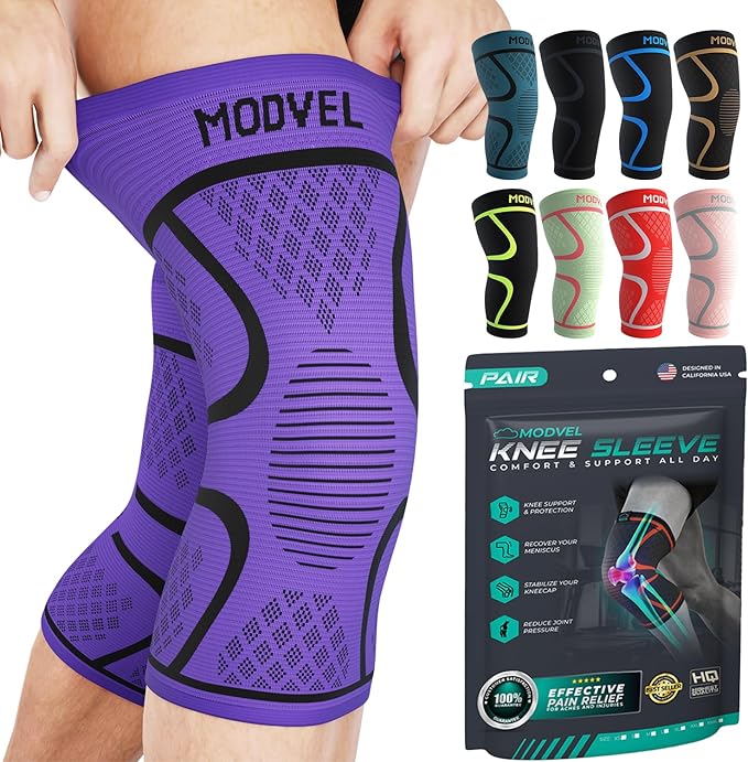 Modvel Knee Sleeves for Pain Women & Men - 2 Pack Brace for Pain Set, Brace Compression Sleeve, Support for Knee Pain Meniscus Tear, ACL & Arthritis Pain Relief, Purple XXXL