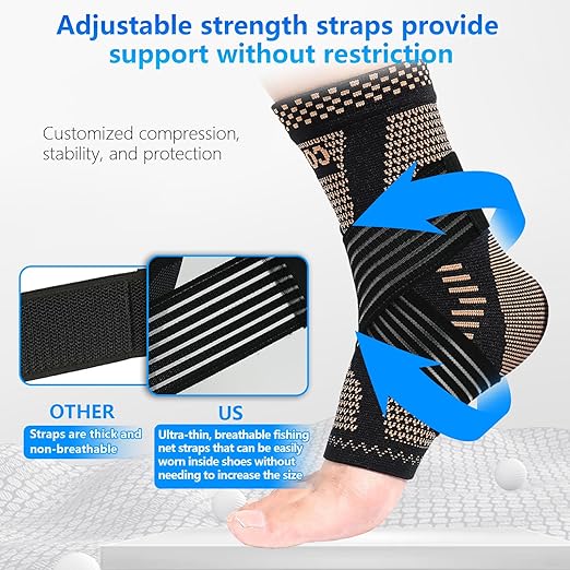 LISEPWU Copper Ankle Brace with Adjustable Compression Bandage, Ankle Support Compression Sleeve for Men & Women, for Foot Pain, Sprained Recovery, Achilles Tendonitis, Sports Protection(Black L)