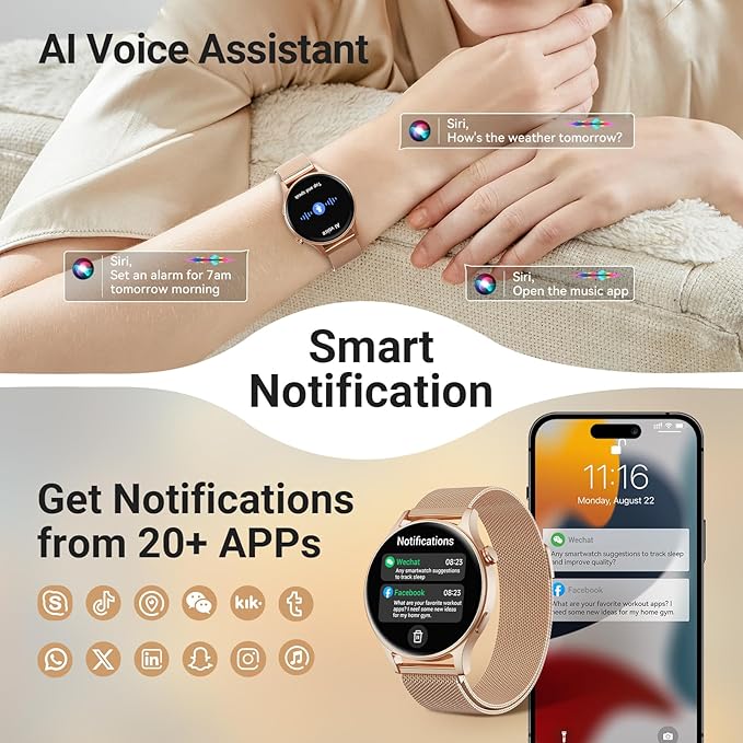Fitpolo Smart Watch for Women,1.3" AMOLED Touchscreen Fitness Tracker, Make/Answer Calls, Heart Rate SpO2 Monitor,IP68 Waterproof,Sleep Activity Tracking Smartwatch for Android Phones iPhone (Gold)