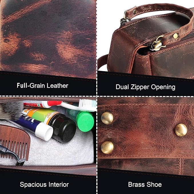 Leather Wash Bag for Men - Travel Toiletry Bag - Shaving Dopp Kit Toiletries Organizer - Leather Makeup Bag for Women