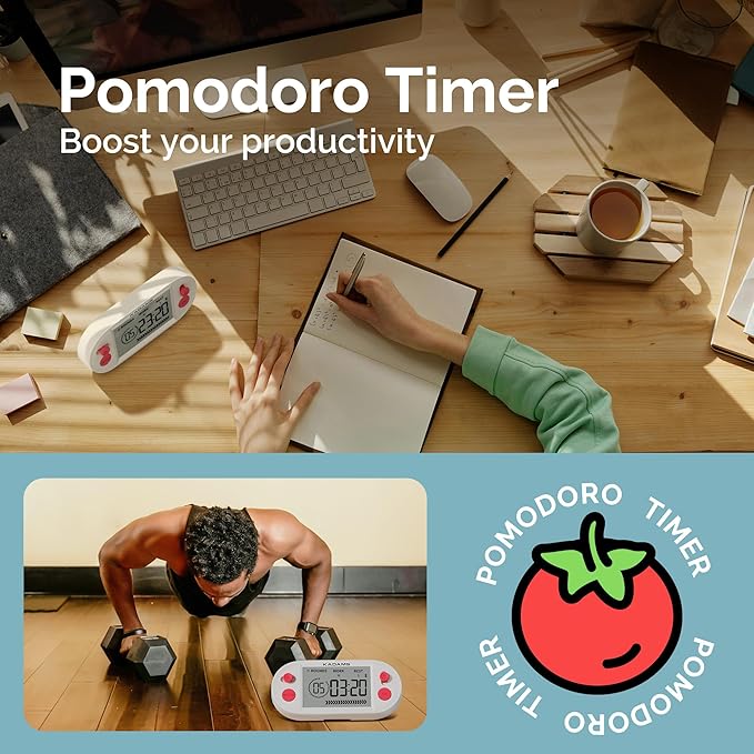 KADAMS Pomodoro Timer for Productivity Interval Countdown for Study Exams Gym Workouts Exercise HIIT Tabata -Magnets, Stand (Red)