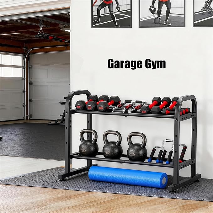 2-Tier Heavy Duty Dumbbell Rack, 180 Lbs Per Shelf Capacity, Adjustable Width Height Stand for Large Hex Dumbbells, Home Gym & Garage Storage (Rack Only)