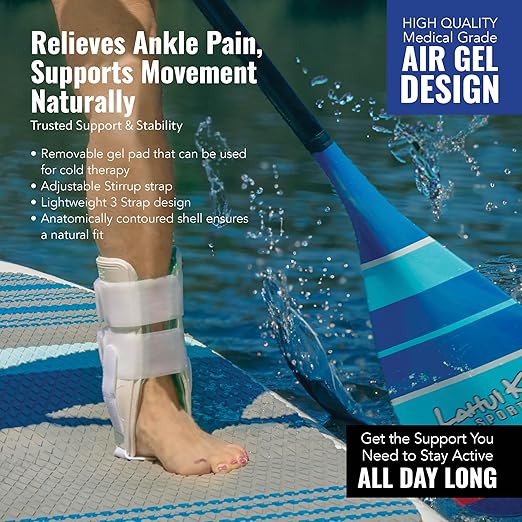AnklePro Air Cushion Stirrup Ankle Stabilizer Brace - Removable Cold Therapy 3-Strap Rigid Stirrup Ankle Splint w/Gel Pad for Women & Men - Lateral Support for Stability, White, Small
