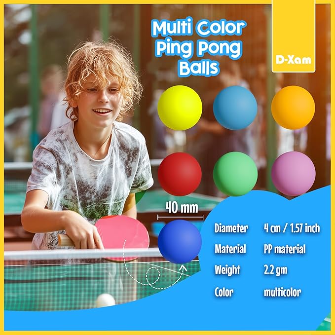 D-Xam Multi Color, Orange or White Ping Pong Balls Table Tennis Ball for Games Arts Pack of 50, 30 & More, 40mm Pong Balls Party Pets School Activities Christmas Halloween Assorted Colors