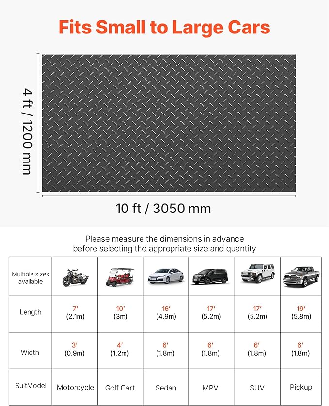 VEVOR Garage Floor Roll, 4 x 10 ft Garage Flooring Mat, 2.2 mm Thickened PVC Diamond Plate Floor Protector Mat with Double-Sided Tape, Non-Slip, Easy to Clean for Warehouse, Gyms, Trailer, Black