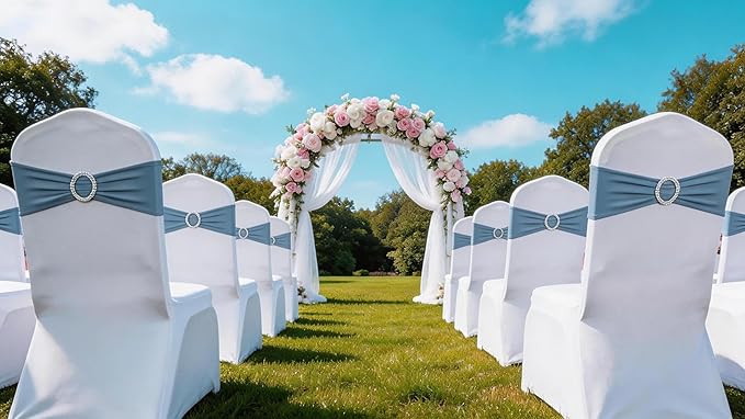 100 PCS Spandex Dusty Blue Chair Sashes Stretch Chair Bands with Buckles Slider Chairs Bows for Wedding Party Birthday Bridal Shower Engagement Banquet Anniversary Christmas Event Decor