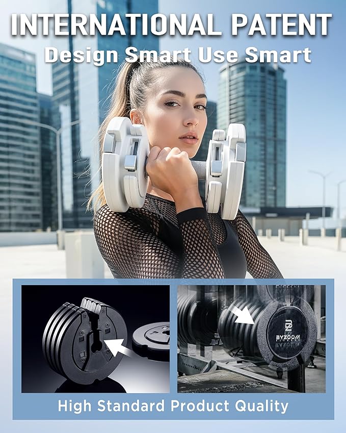 BYZOOM FITNESS Pure Series Adjustable Dumbbell - 12.5/25/27.5/75lb - ONE UNIT OR PAIR(check QTY before purchase) - 5-in-1/ 10-in-1 / 21-in-1 Flexible Hand Weights for Home Gym, Strength Training & Fitness Workouts, White OR Black