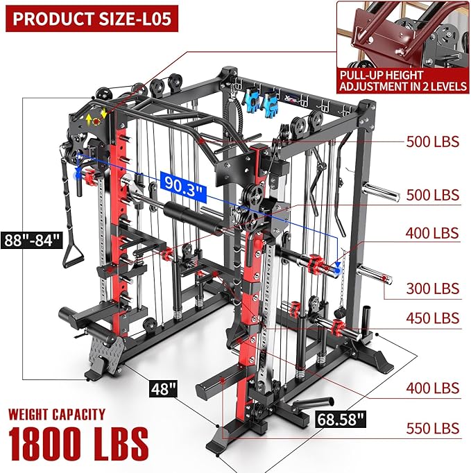 Multi-Purpose Squat Rack,Smith Machine Weight Rack Set with Cable Crossover System, Home Gym Power Racks, Power Racks and Packages