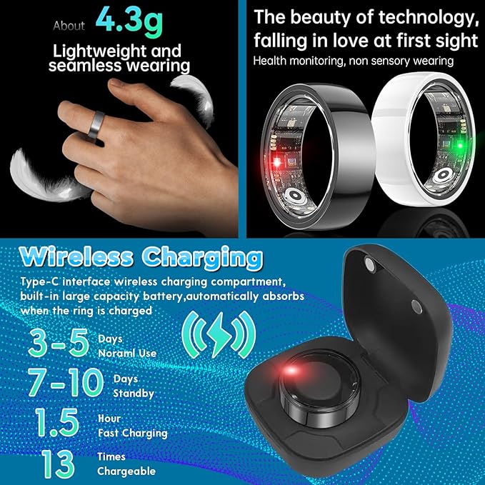 Smart Health Ring for Women Men,Fitness Rings Tracker with Blood Pressure Monitor Heart Rate Blood Oxygen Sleep Monitor IP68 Waterproof Step Counter Calorie Tracker Health Rings for Android iOS Phones