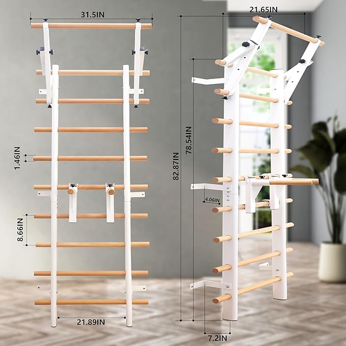 PreGymnastic Stall Bars, Swedish Ladder for Adult and Kids, Wall Bar with Wood Rods, Durable Steel Frame, Adjustable Pull Up and Dip for Strength, Flexibility at Home Gym, Studio