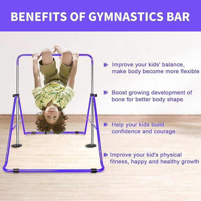 Anwick Gymnastics Bar for Kids - Height Adjustable Horizontal Monkey Bars with Rings, Folding Training Equipment for Indoor Outdoor Home Gym, Kids Exercise Pull Up Bar