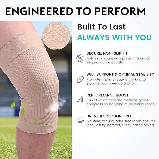 KEKING Orthopedic Brace for Tendinitis, Arthritis, ACL, MCL, Injury Recovery, Meniscus Tear, Knee Pain, Aching Knees, Patellar Tendonitis and Arthritis, Knee Compression Sleeves 2 Pack, Beige M