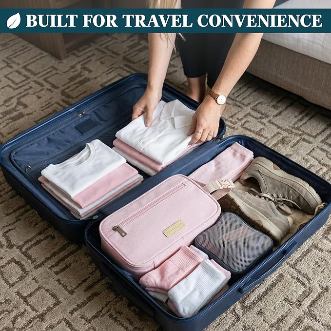 PAVILIA Toiletry Bag for Women, Canvas Dopp Kit, Travel Essentials Organizer, Water-Resistant Shaving, Grooming Kit, Large Hanging Bathroom Accessories Cosmetic Bag, Pink