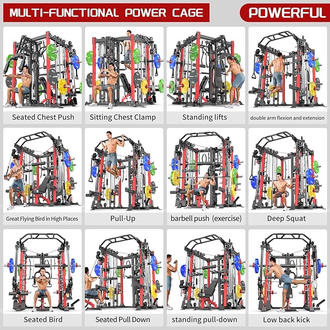 Multi-Purpose Squat Rack,Smith Machine Weight Rack Set with Cable Crossover System, Home Gym Power Racks, Power Racks and Packages
