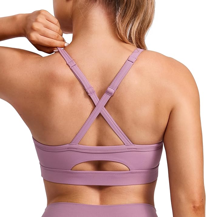 CRZ YOGA Butterlift Cut-Out Cross Back Sports Bras for Women - Medium Impact Adjustable Thin Straps Pilates Padded Gym Tops