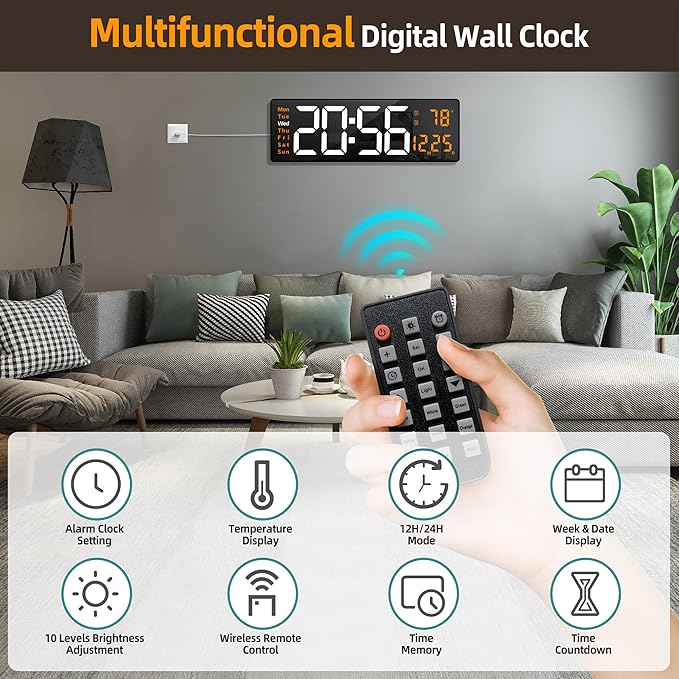LEIKE 16.2'' Large Digital Wall Clock with Remote Control, Big LED/Dual Alarm/8 RGB Colors/Auto Brightness/Date/Auto DST/Temperature/Night Light Gym Clocks for Living Room Bedroom Office Wall Decor