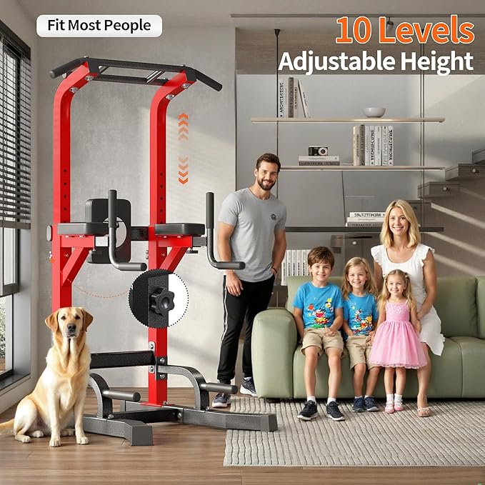 SogesHome Power Tower Pull Up Bar Dip Stand, 10 Adjustable Height Free Standing Assistive Trainer Dip Station, Multi-Function Strength Training Fitness Workout Station for Home Gym Fitness Equipment