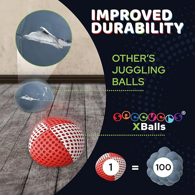 speevers Juggling Balls for Beginners and Professionals Set of 3, 14 Colors Available, 2 Layers of Net and Carry Case, Xballs Juggling Balls (White - Red, 4.2 oz)
