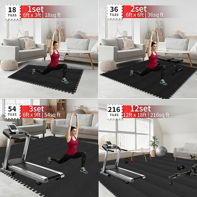 Gym Mats for Home Gym, 18 PCS Interlocking Foam Floor Tiles, EVA Workout Mats 12.6"x12.6"x0.4", Anti-Slip Exercise Mat Tiles, Puzzle Gym Flooring for Home, Garage, Fitness Equipment