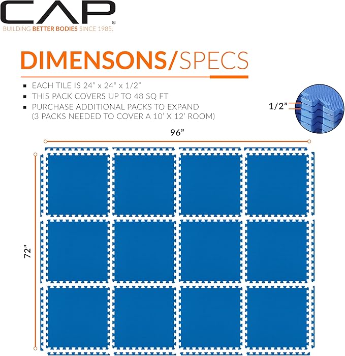 CAP Puzzle Exercise Mats | 1/2” Thick EVA Interlocking Foam Tiles for Home Gym Flooring | Multiple Options
