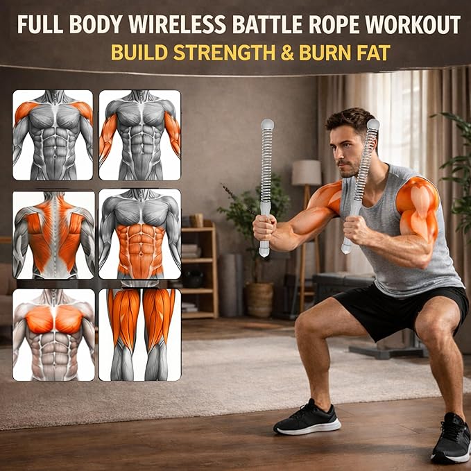 Cordless Ropeless Weighted Battle Rope Sticks, Portable Home Gym Workout Exercise for Full-Body Strength Training, Durable Fitness Accessories with Smooth Flow Design, Ideal for Indoor Cardio (Gray)