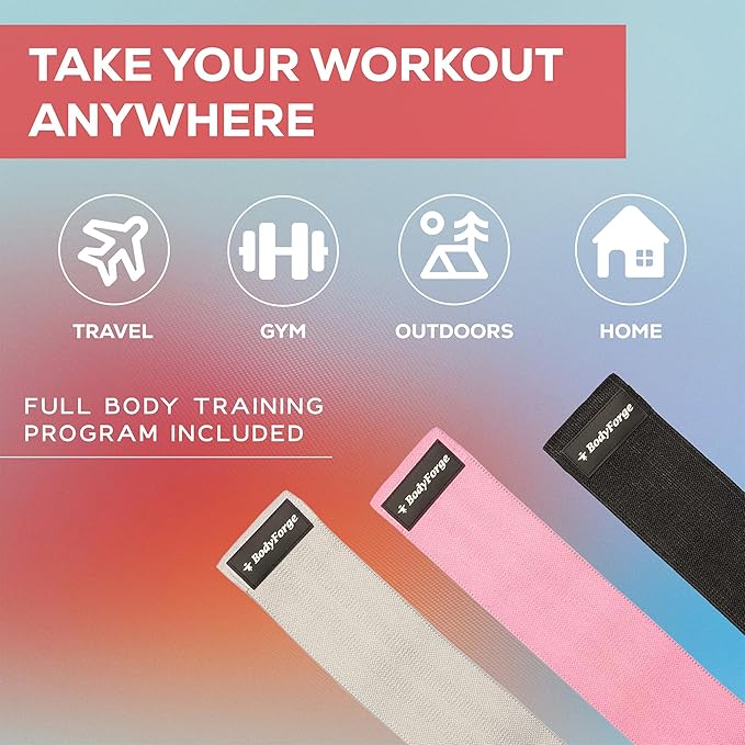 BodyForge Resistance Bands for Working Out, 3 Booty Bands for Women Men Fabric Elastic Bands for Exercise Bands for Legs Bands for Working Out Hip Thigh Glute Bands Set & with Carry Bag & Manual