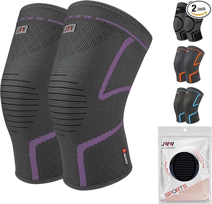 JWW Plus Size Knee Compression Sleeve for Big Thighs, 2 Pack Knee Brace for Men & Women Knee Pain Relief, Workout Sports Knee Support, Knee Braces for Meniscus, ACL & Arthritis Recovery (Purple, 2XL)