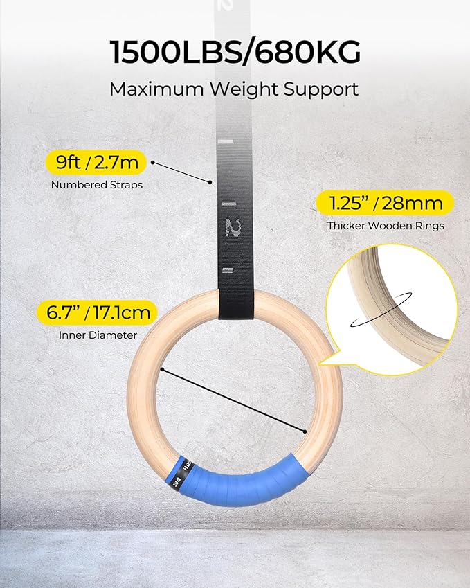 PACEARTH Gymnastics Rings Wooden Olympic Rings 1500/1000lbs with Adjustable Cam Buckle 14.76ft/9ft Long Straps with Scale Non-Slip Gym Rings for Home Gym Full Body Workout