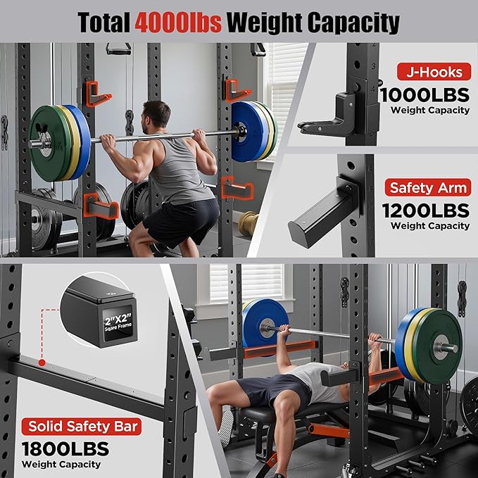 Sportsroyals Squat Rack, LAT Power Cage, Power Rack Multi-Function with Pulley System and Training Attachments for Home Gym