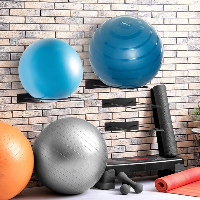 MyGift Yoga Ball Storage Wall Mount, Black Metal Pipe Racks for Exercise Ball Holder, Ball Storage for Home Gym or Studio