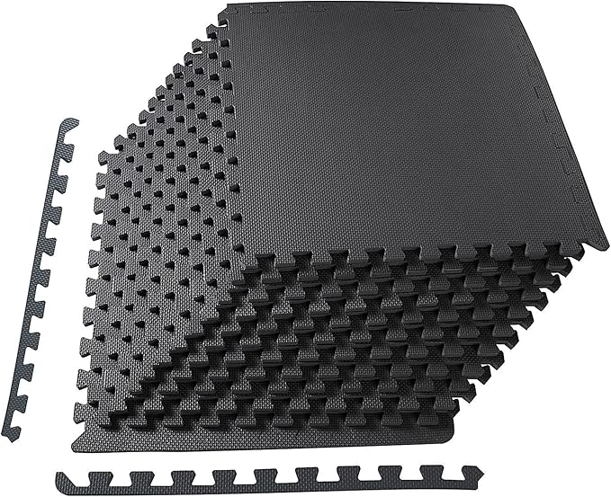 BalanceFrom Puzzle Exercise Mat 1/2' Thick, EVA Interlocking Foam Floor Tiles for Home Gym, Mat for Home Workout Equipment, Floor Padding for Kids, Black, 24 in x 24 in x 1/2 in, 48 Sq Ft - 12 Tiles