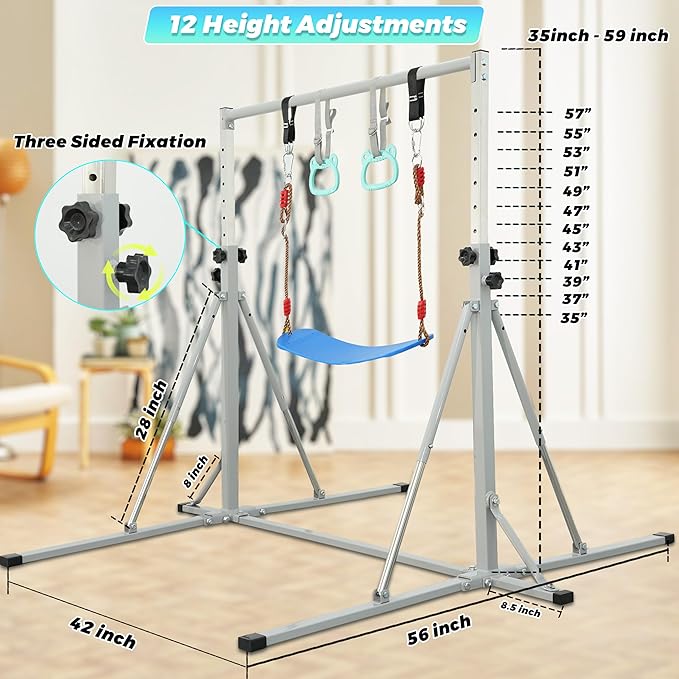 Foldable Gymnastics Bar,5FT Horizontal bar,Adjustable Kids Training bar for Kids Ages 3-15,Kids Gymnastics bar,Triangle Stable Structure-Gym Equipment for Home
