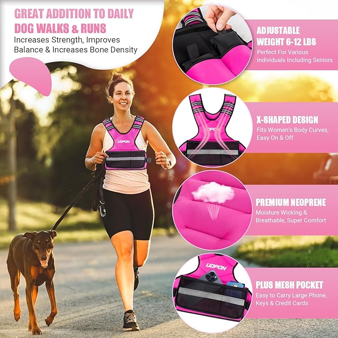 Adjustable Weighted Vest Women Men, 6-12 Lb/10-19 Lb/20-32 Lb Rucking Vest with 6 Ironsand Weights, Great Vest with Plus Pockets & Reflective Strips for Running, Walking, Workout and Strength Training