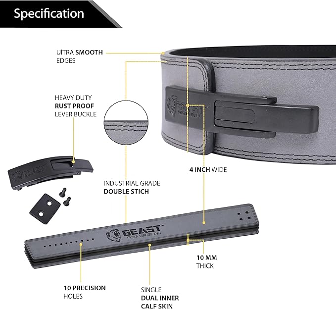 Beast Power Gear Weight Lifting Belt Lever Buckle 10MM 13MM Thick & 4 Inches Free Strap Weightlifting, Powerlifting, Deadlifts, Squats Men Women