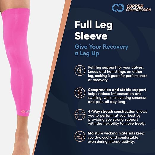 Copper Compression Leg Compression Sleeve - Copper Infused Knee Stabilizer Brace for Running, Meniscus Tear, ACL, MCL, Arthritis, Joint Pain Relief - Thigh & Calf Support for Men & Women - Pink - M
