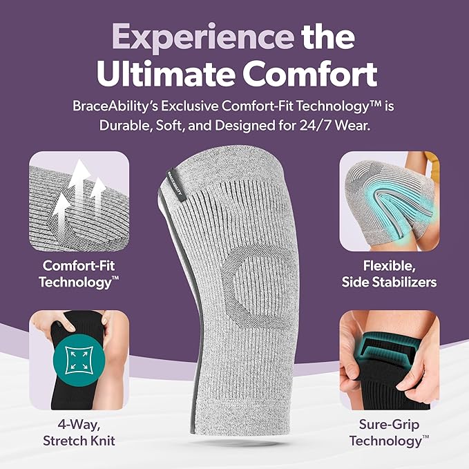 BraceAbility Plus Size Knee Brace for Women and Men – Compression Sleeve for Knee Pain Relief, Arthritis, Swelling, Osteoarthritis, Meniscus Tear, Joint Support Knee Stabilizer (3XL/4XL Wide Gray)