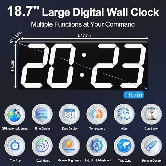 CHKOSDA Digital Clock with Large Display 18.7 Inch, GPS Auto-Sync Time, Wall-Mounted with Remote Control, Ideal for Classroom Use