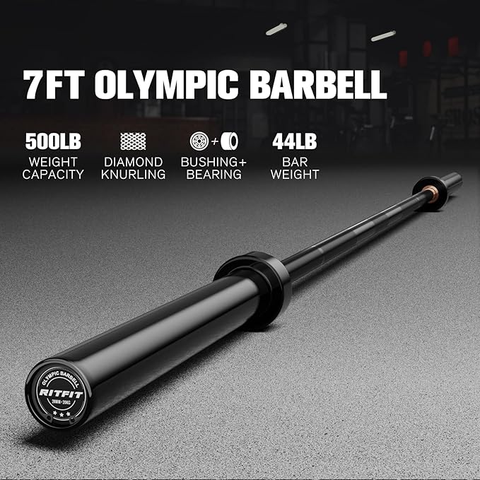 RitFit Elite 7ft Olympic Barbell, Robust 45lb Barbell for Weightlifting and Powerlifting, Superior Olympic Bar with Exceptional 500lbs Load Capacity, Weight Bar for 2” Standard Plates