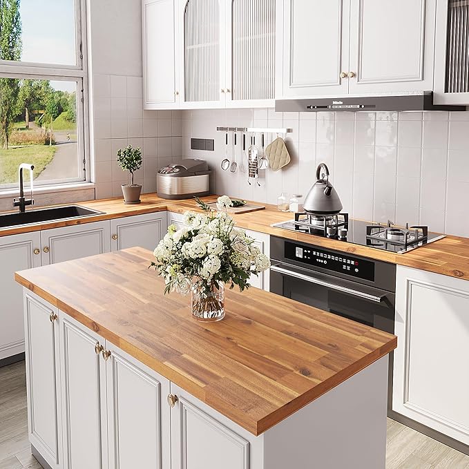 Howizz Acacia Butcher Block Countertop 36 x 25 x 1.5 Inches, Teak Stain Solid Wood Table Top for Desk Top, Workbench Top, Kitchen Countertop