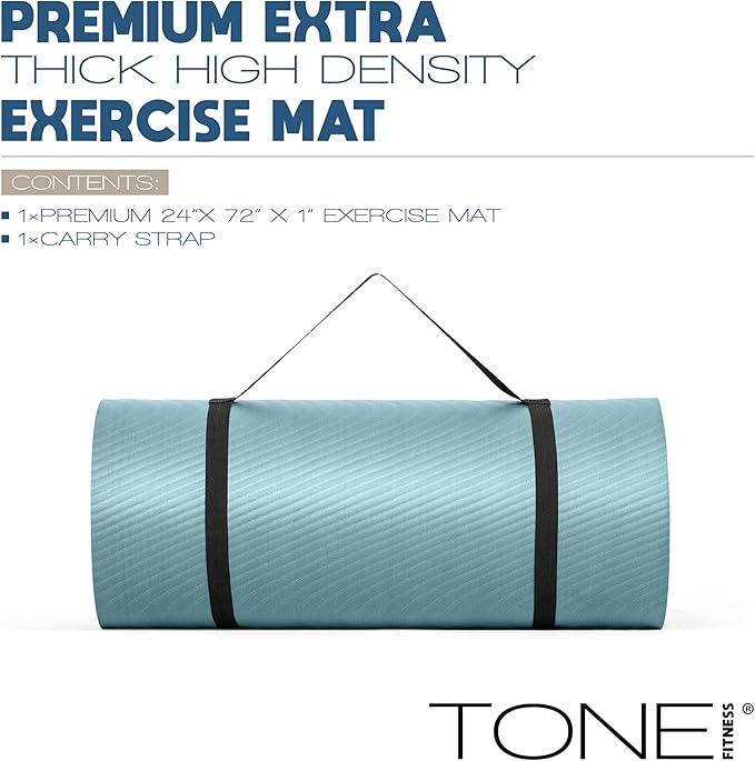 Tone Fitness 1-Inch Thick Yoga Mat | High-Density, Non-slip Exercise Mat with Carrying Strap for Yoga, Pilates, & Home Gym Workouts | Multiple Options