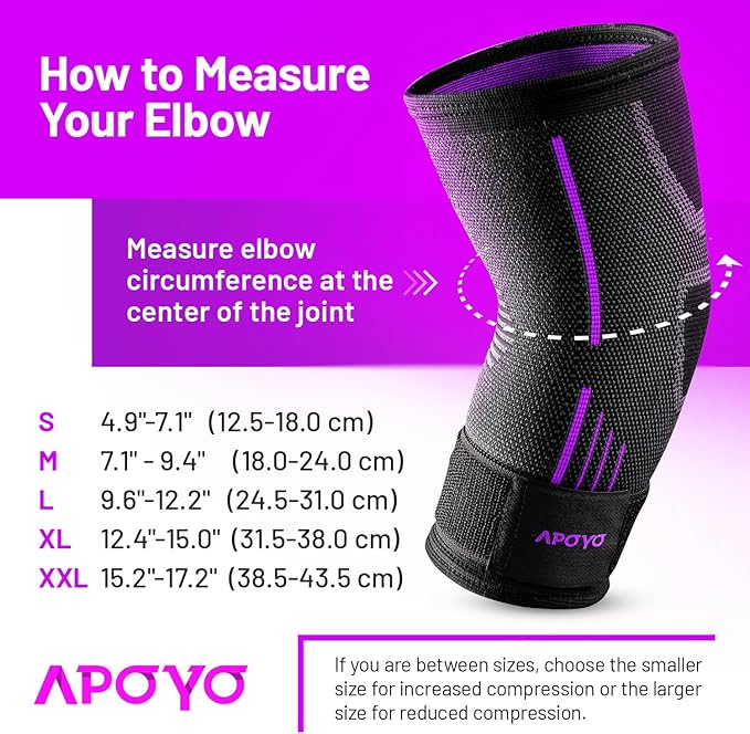 APOYO Elbow Brace for Tendonitis and Tennis Elbow, Elbow Compression Sleeve, Elbow Brace for Women and Men w/ Adjustable Strap for Tennis Elbow Relief, Weightlifting, Arthritis, Workouts, Reduce Joint Pain During Fitness Activity (Purple (Pair), Small)
