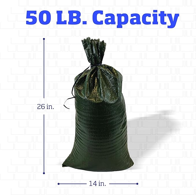 DURASACK Heavy Duty Sand Bags with Tie Strings Empty Woven Polypropylene Sand-Bags for Flood Control with 1600 Hours of UV Protection, 50 lbs Capacity, 14x26 inches, Green, 1000 Count